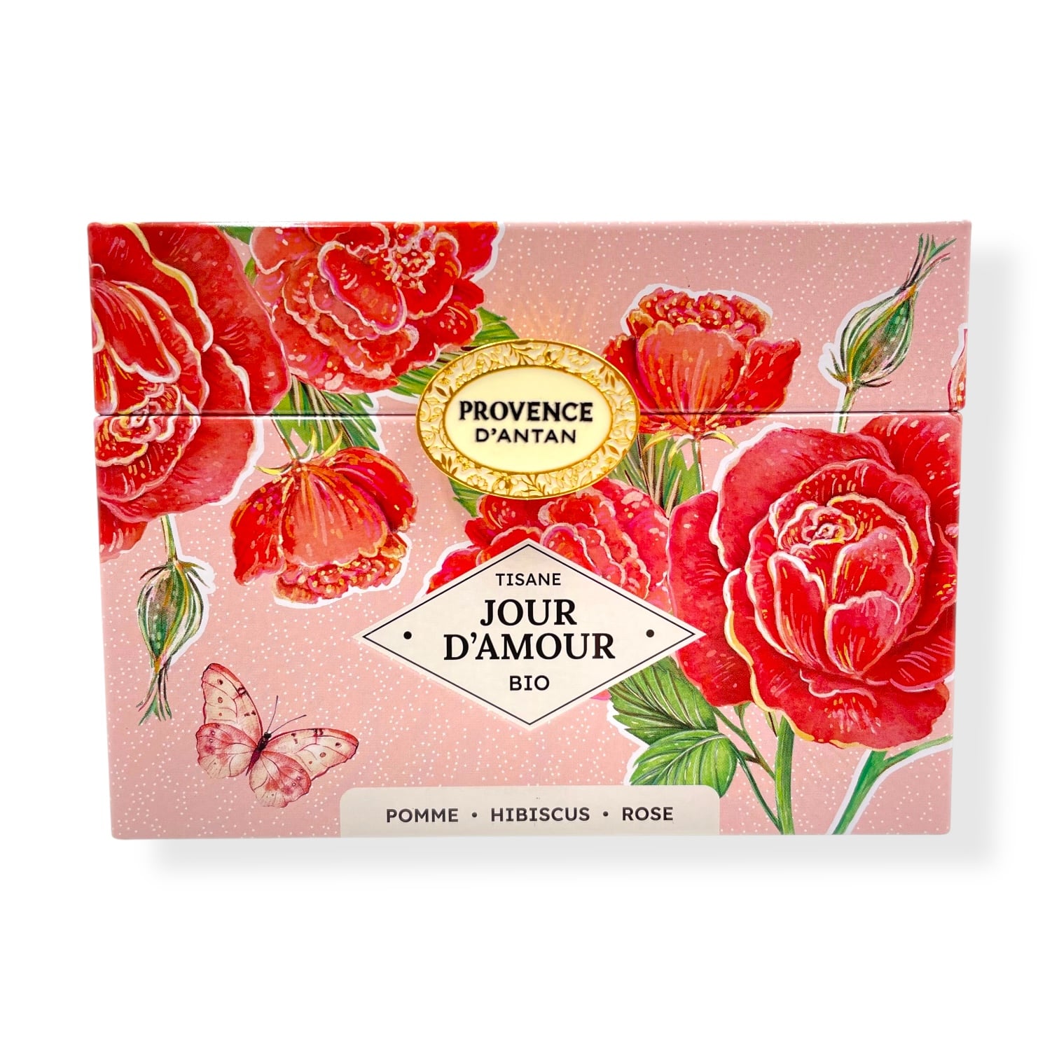 Tisane Jour d'Amour bio en coffre métal bouton poussoir Provence d'Antan