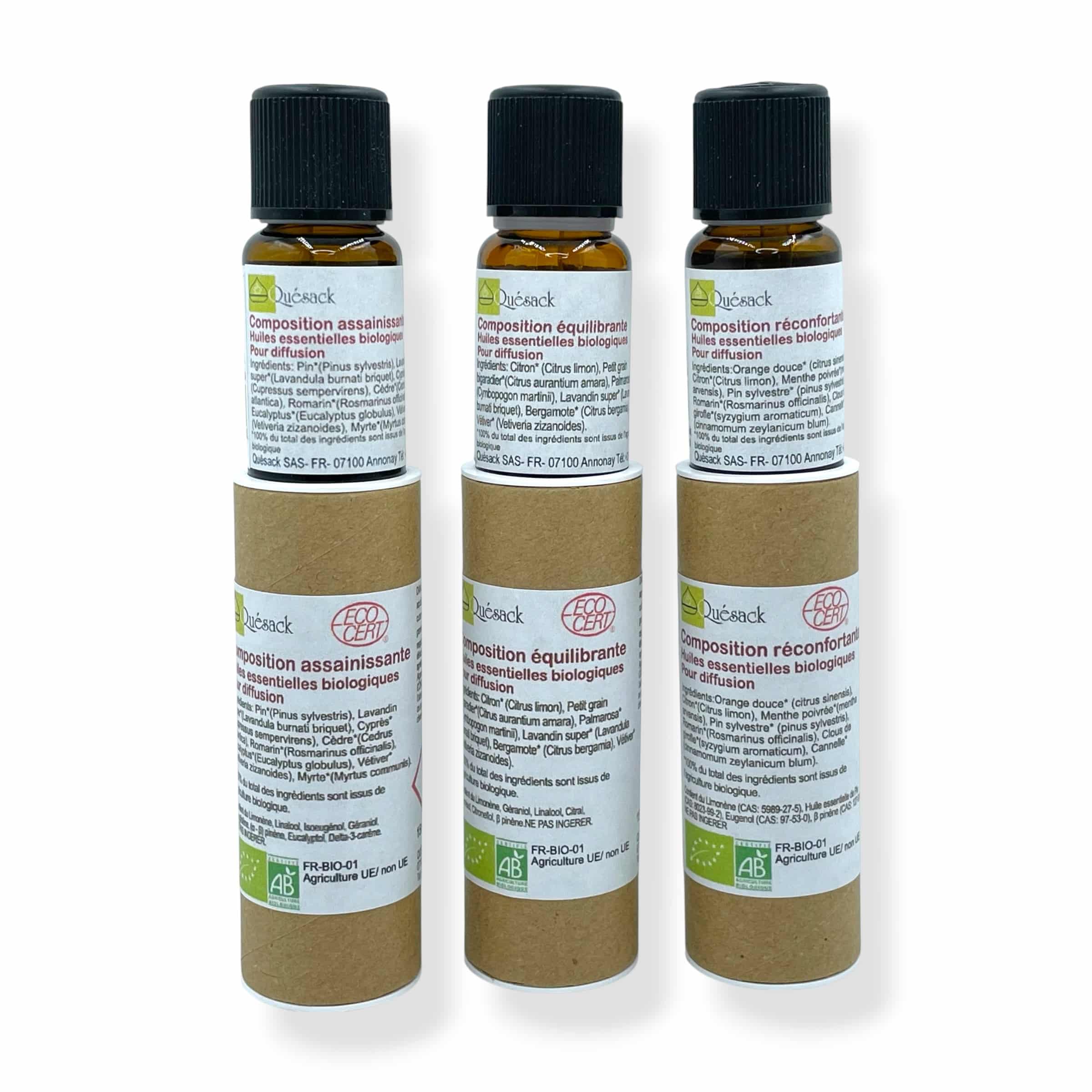 Composition Assainissante d'huiles essentielles bio pour diffusion Quésack